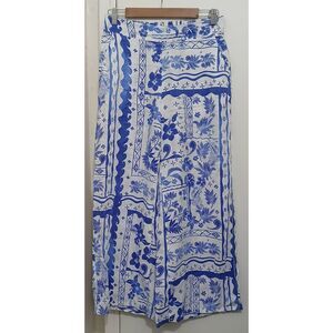 Joie womens medium 100% linen wide leg ankle pants beachy airy flowy blue white